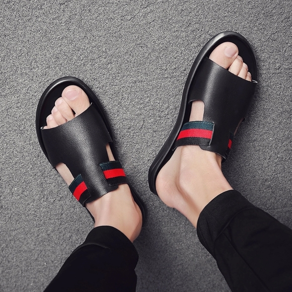 MEN'S GENUINE LEATHER STRIPED FRONT SLIPPERZ - Picture 4 of 16